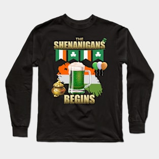 Let The Shenanigans Begin, Shamrock, St Paddy's Day, Ireland, Green Beer, Four Leaf Clover, Beer, Leprechaun, Irish Pride, Lucky, St Patrick's Day Gift Idea Long Sleeve T-Shirt